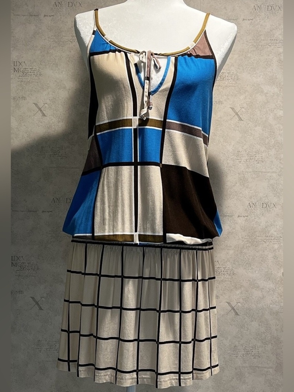 VENUS Blue and Black Geometric Drop Elastic Waist Dress